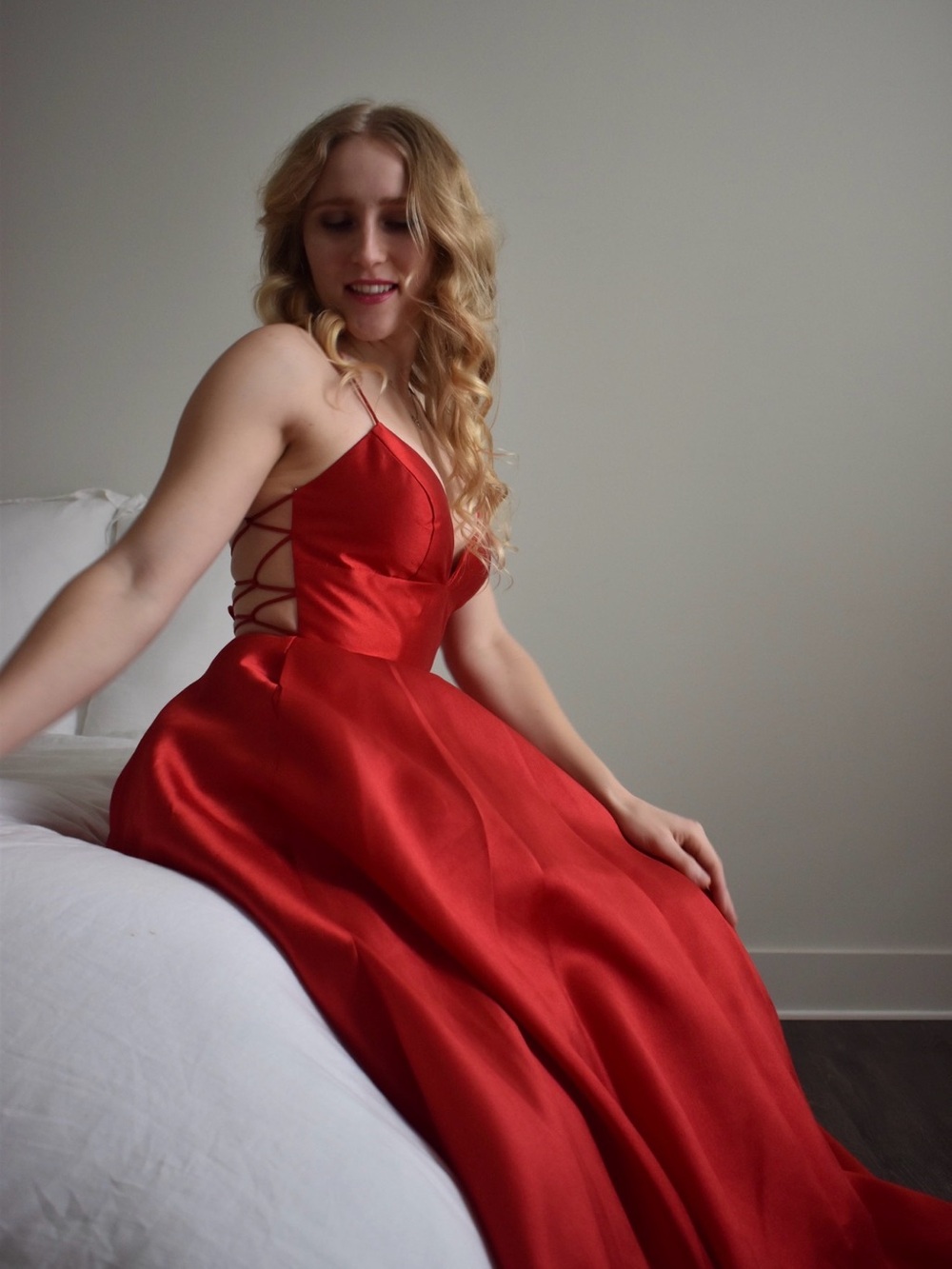 Sherri Hill Red Satin Prom Gown with Lace-Up Sides